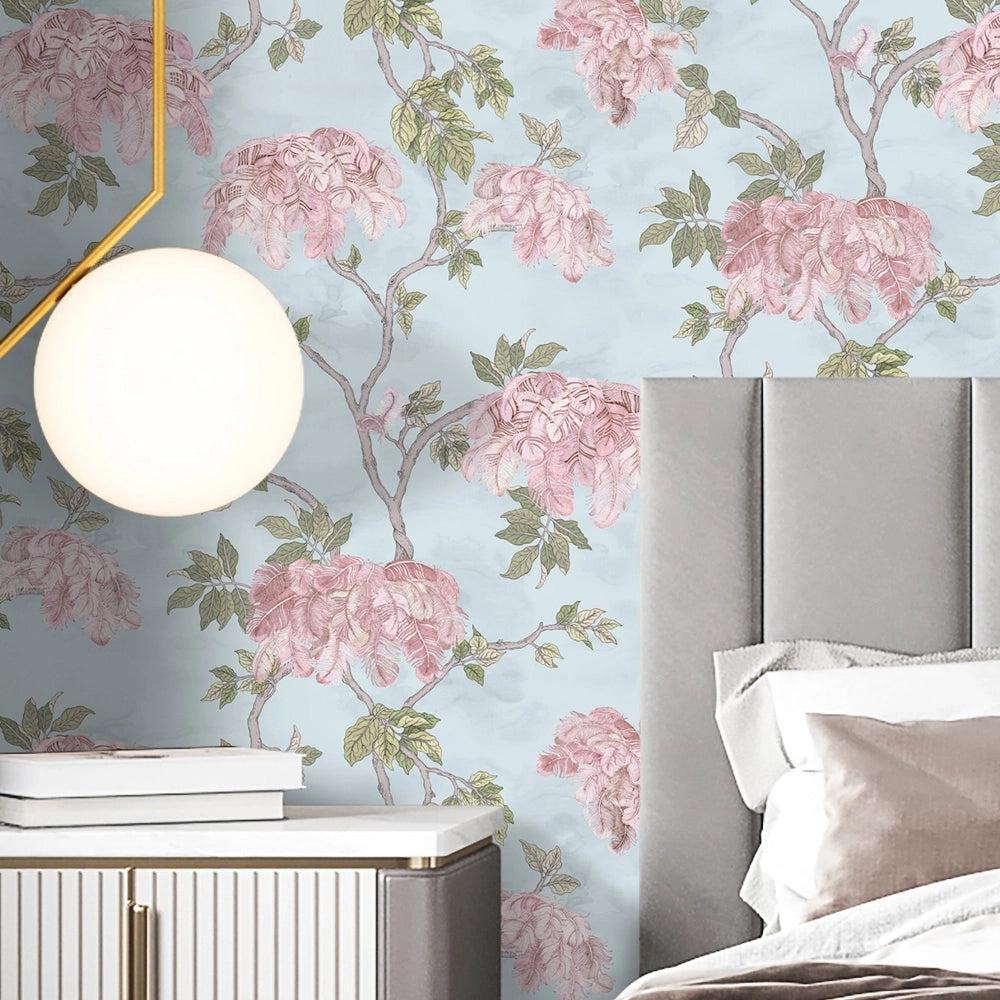 Brand McKenzie Feather Palm Sky Blue Wallpaper-Beaumonde