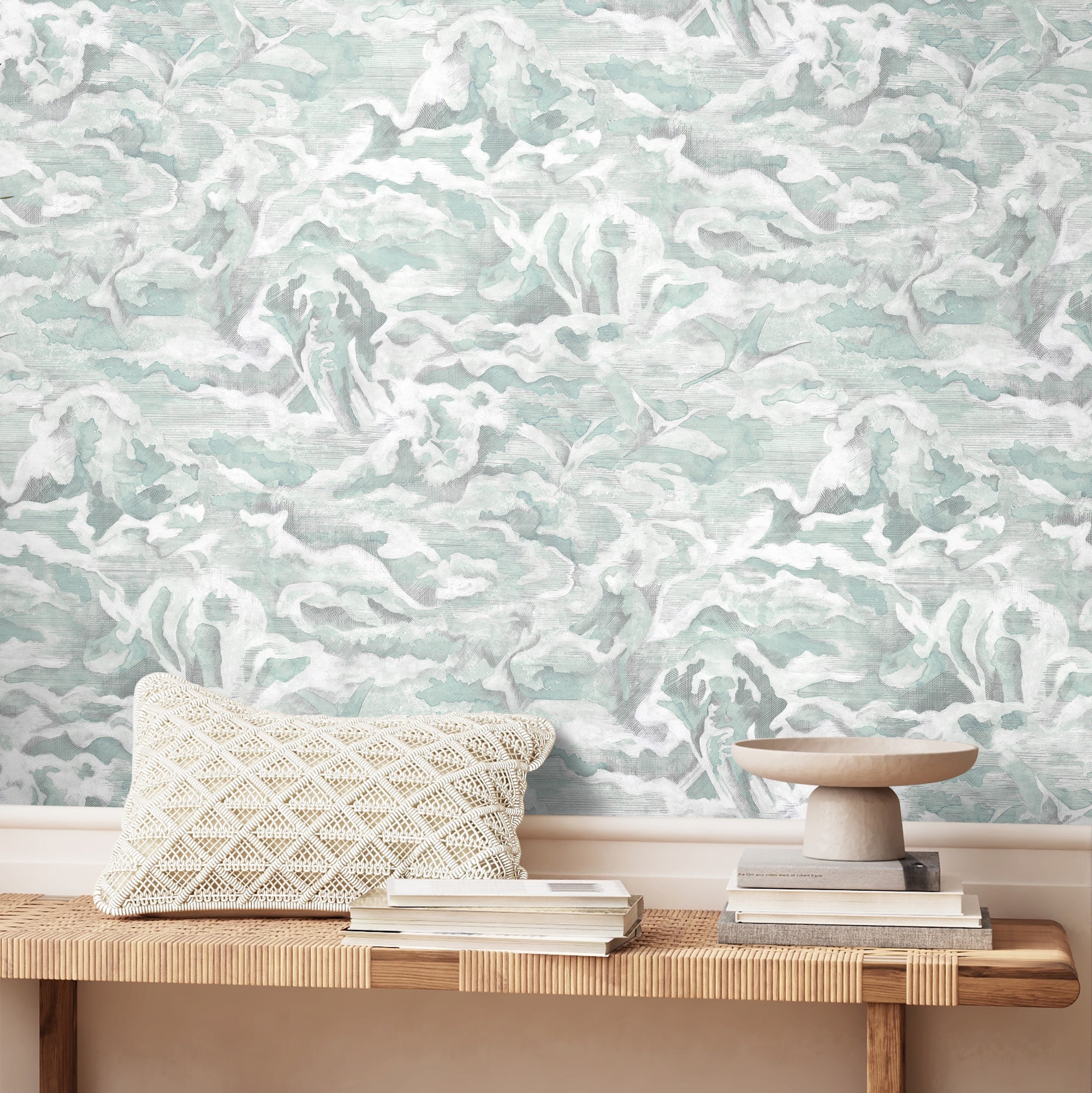 Brand McKenzie Hidden Clouds Wallpaper - Pastel Green BMWL005/05C light wooden bench, cream cuhion