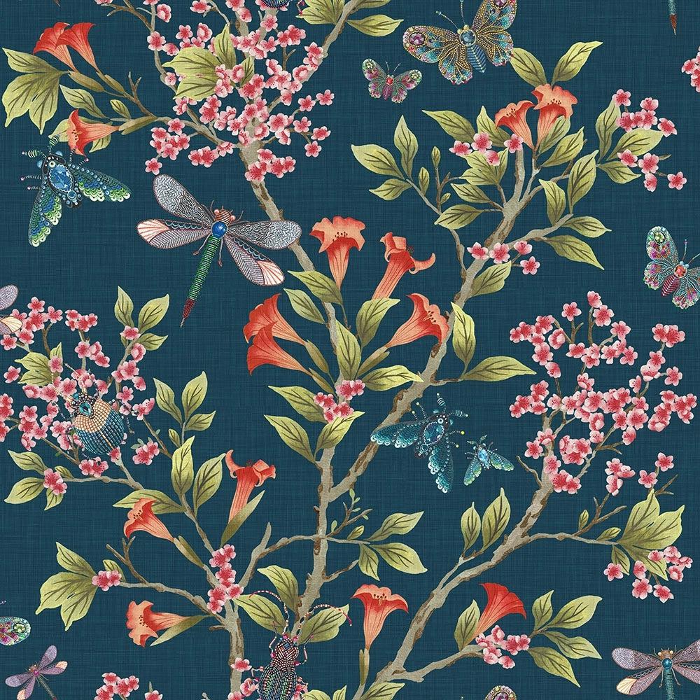 Brand McKenzie Jewel A Flutter Indigo & Red Wallpaper-Beaumonde
