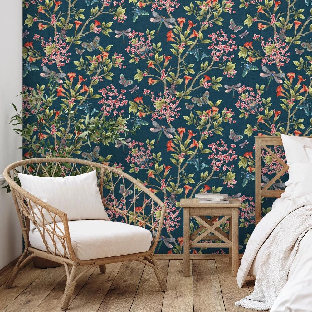 Brand McKenzie Jewel A Flutter Indigo & Red Wallpaper-Beaumonde