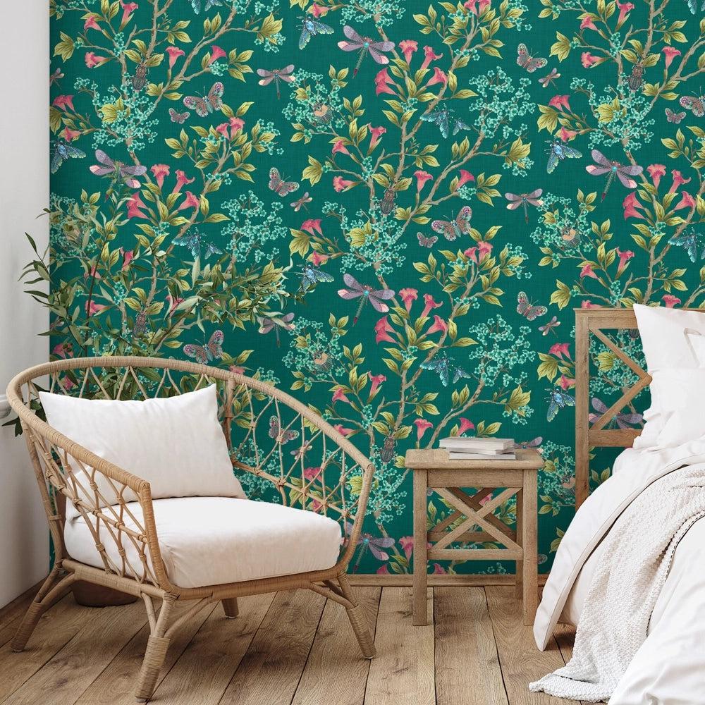 Brand McKenzie Jewel A Flutter Teal & Coral Wallpaper-Beaumonde