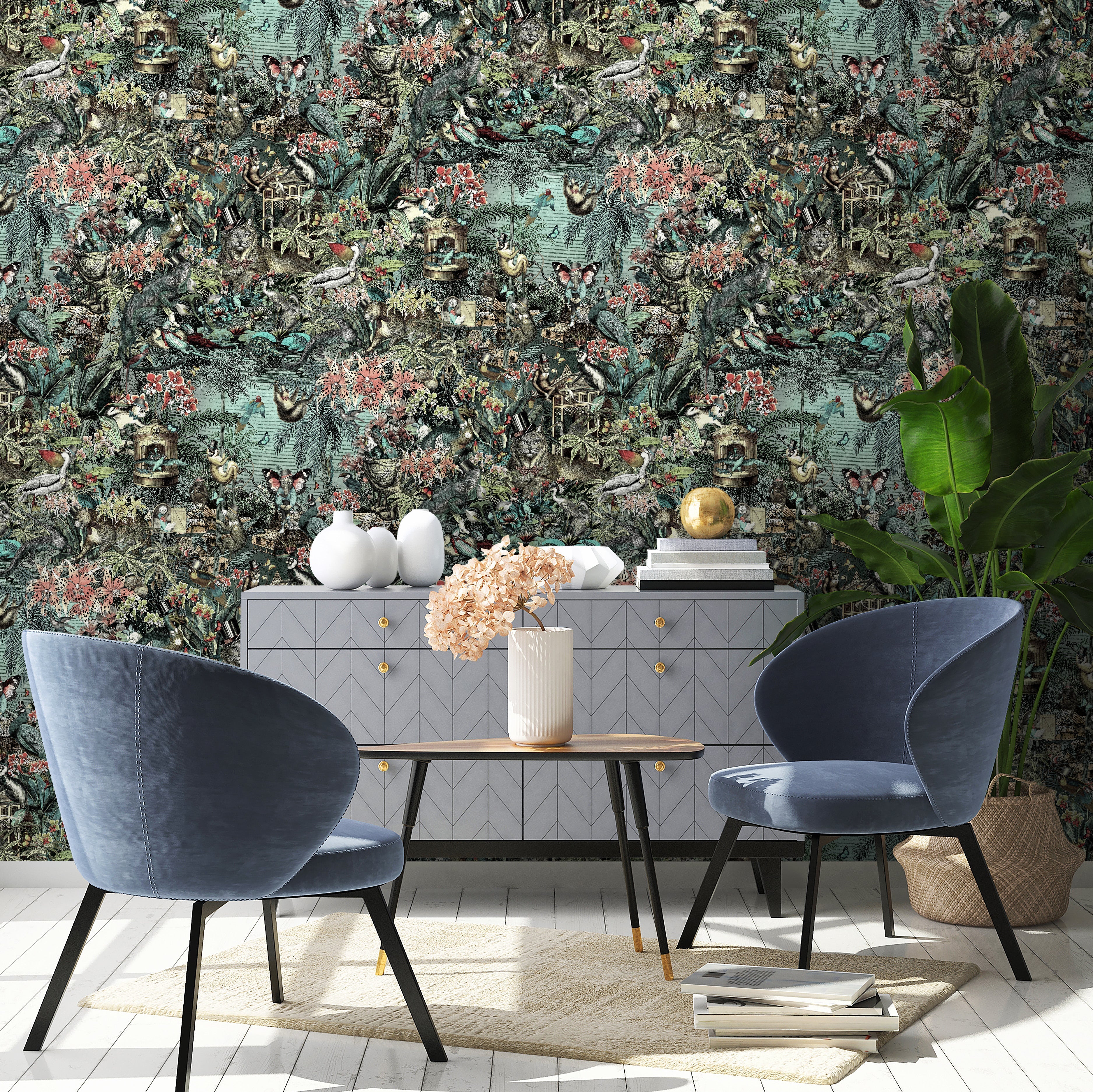 Brand McKenzie Jungle Life Aquamarine & Coral Wallpaper-Beaumonde