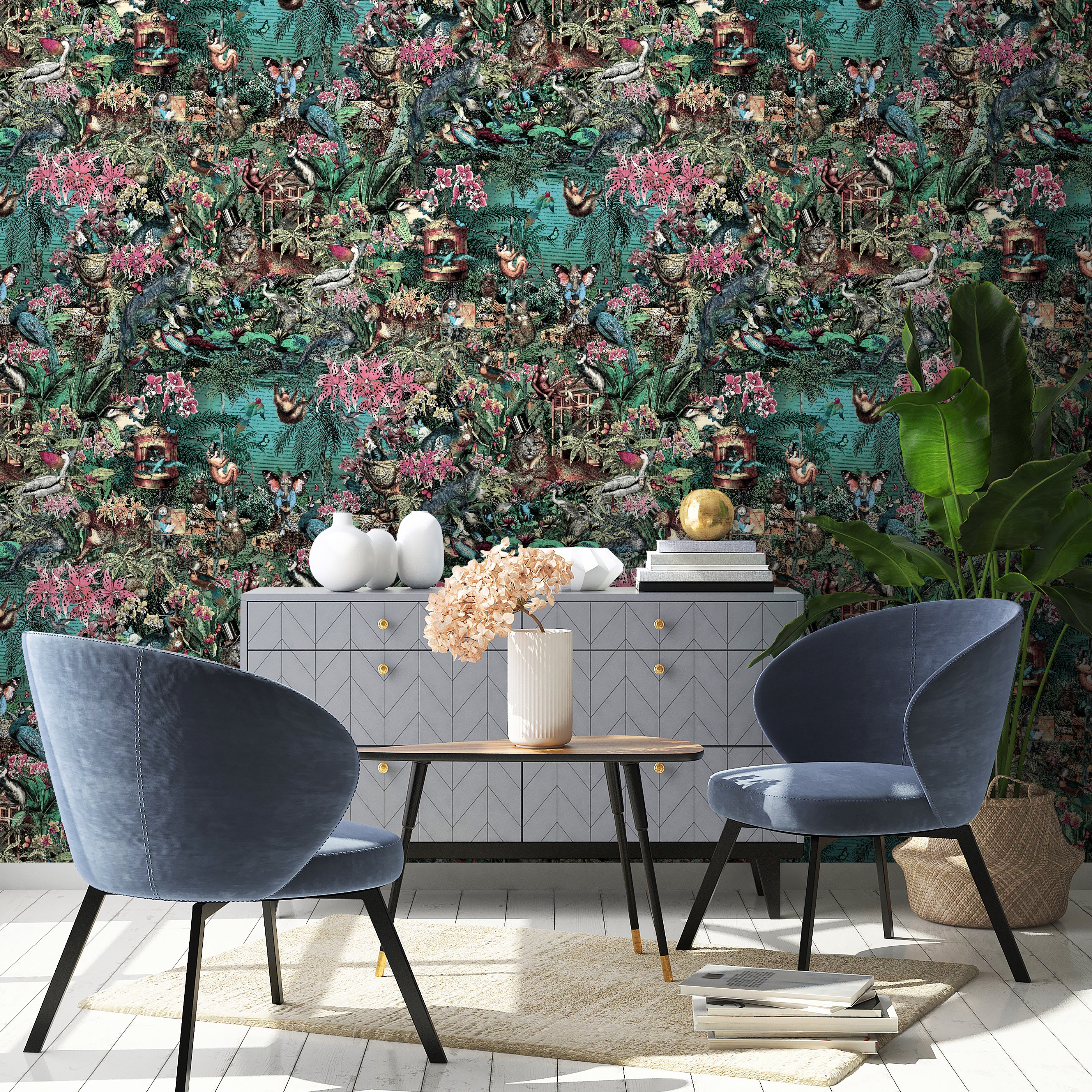 Brand McKenzie Jungle Life Cerise & Turquoise Wallpaper-Beaumonde