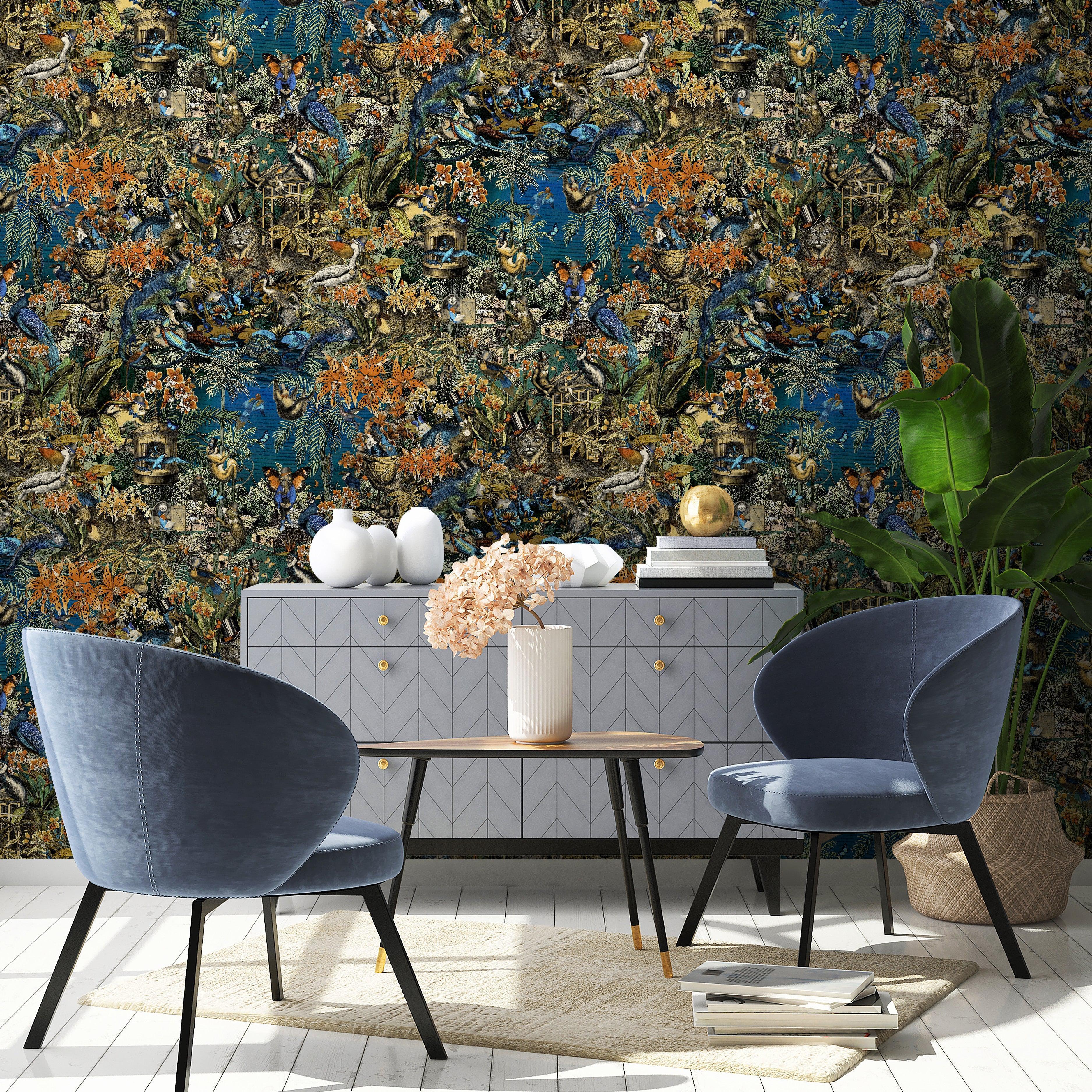 Brand McKenzie Jungle Life Orange & Blue Wallpaper-Beaumonde