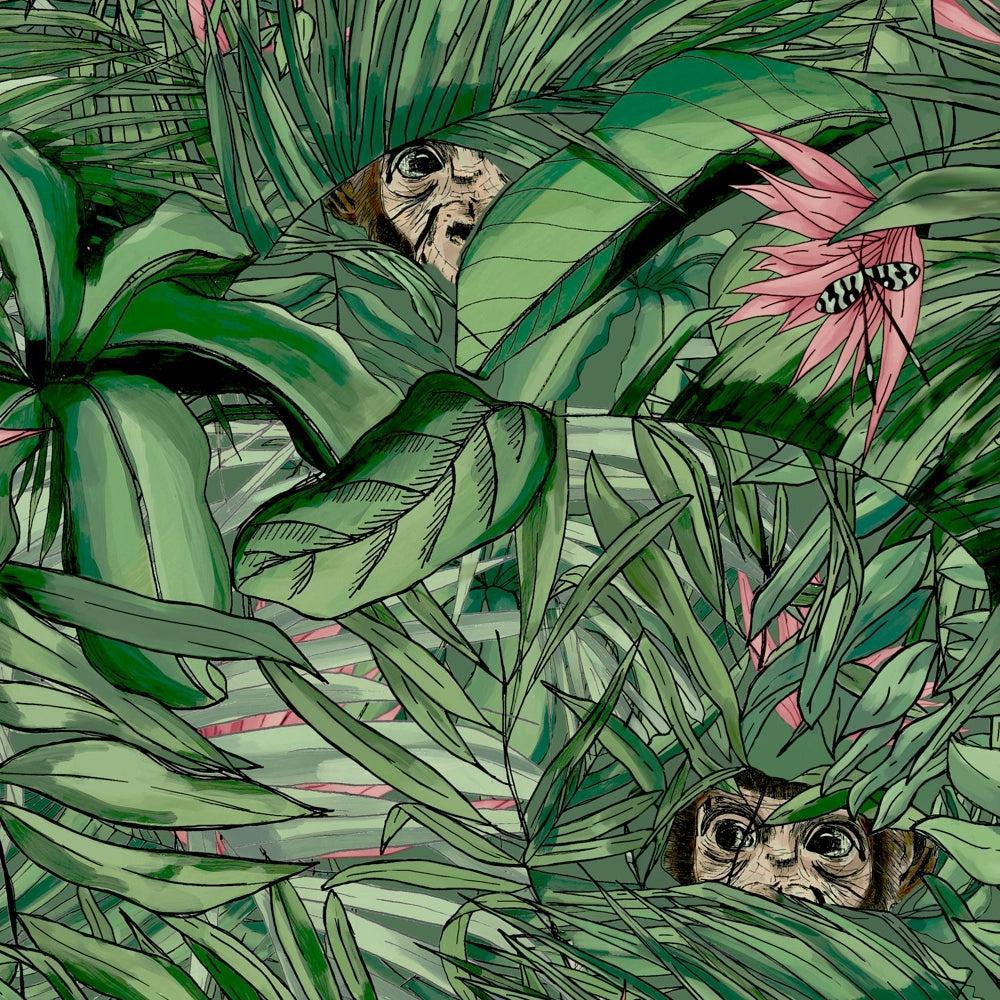 Brand McKenzie Monkey Forest Dark Green & Pink Wallpaper-Beaumonde