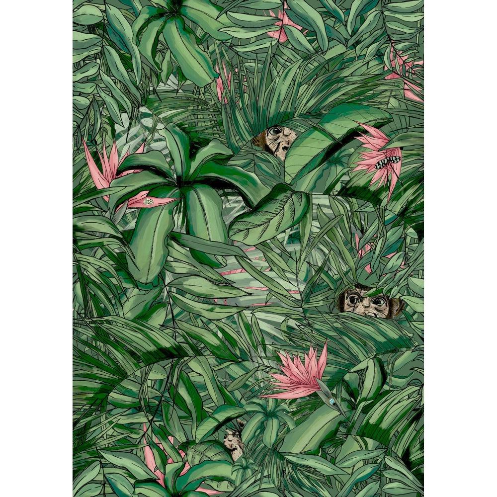 Brand McKenzie Monkey Forest Dark Green & Pink Wallpaper-Beaumonde