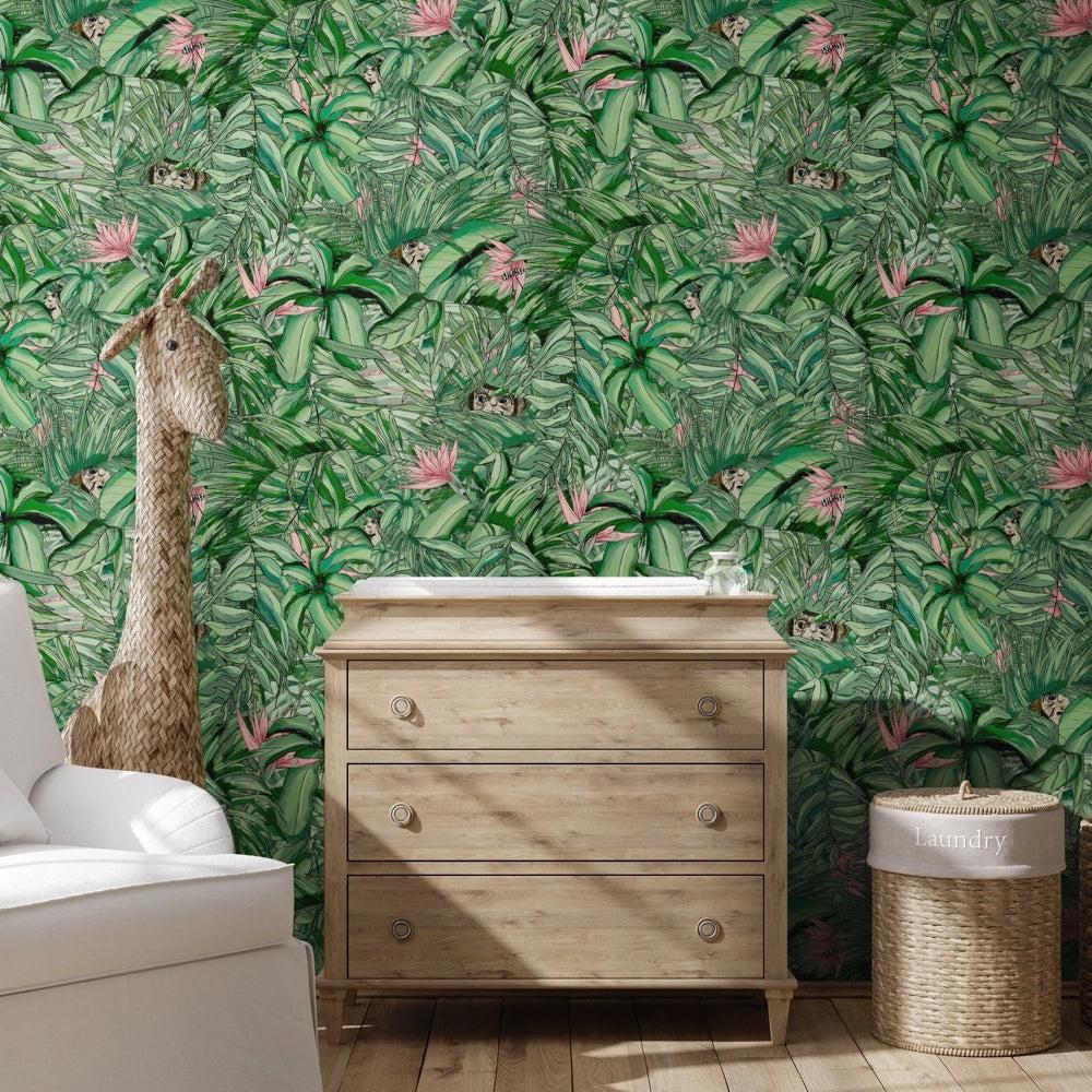Brand McKenzie Monkey Forest Dark Green & Pink Wallpaper-Beaumonde