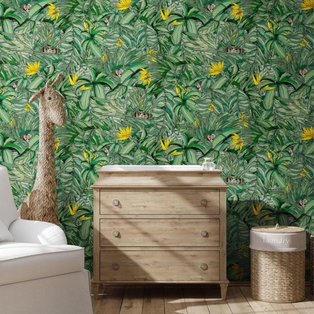 Brand McKenzie Monkey Forest Dark Green & Yellow Wallpaper-Beaumonde