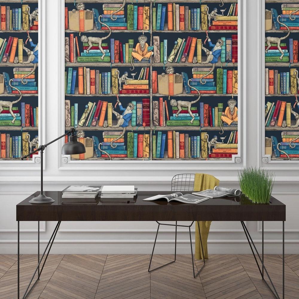 Brand McKenzie Monkey Library Colourful Blue Wallpaper-Beaumonde