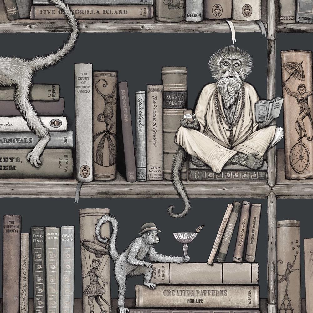 Brand McKenzie Monkey Library Taupe Wallpaper-Beaumonde