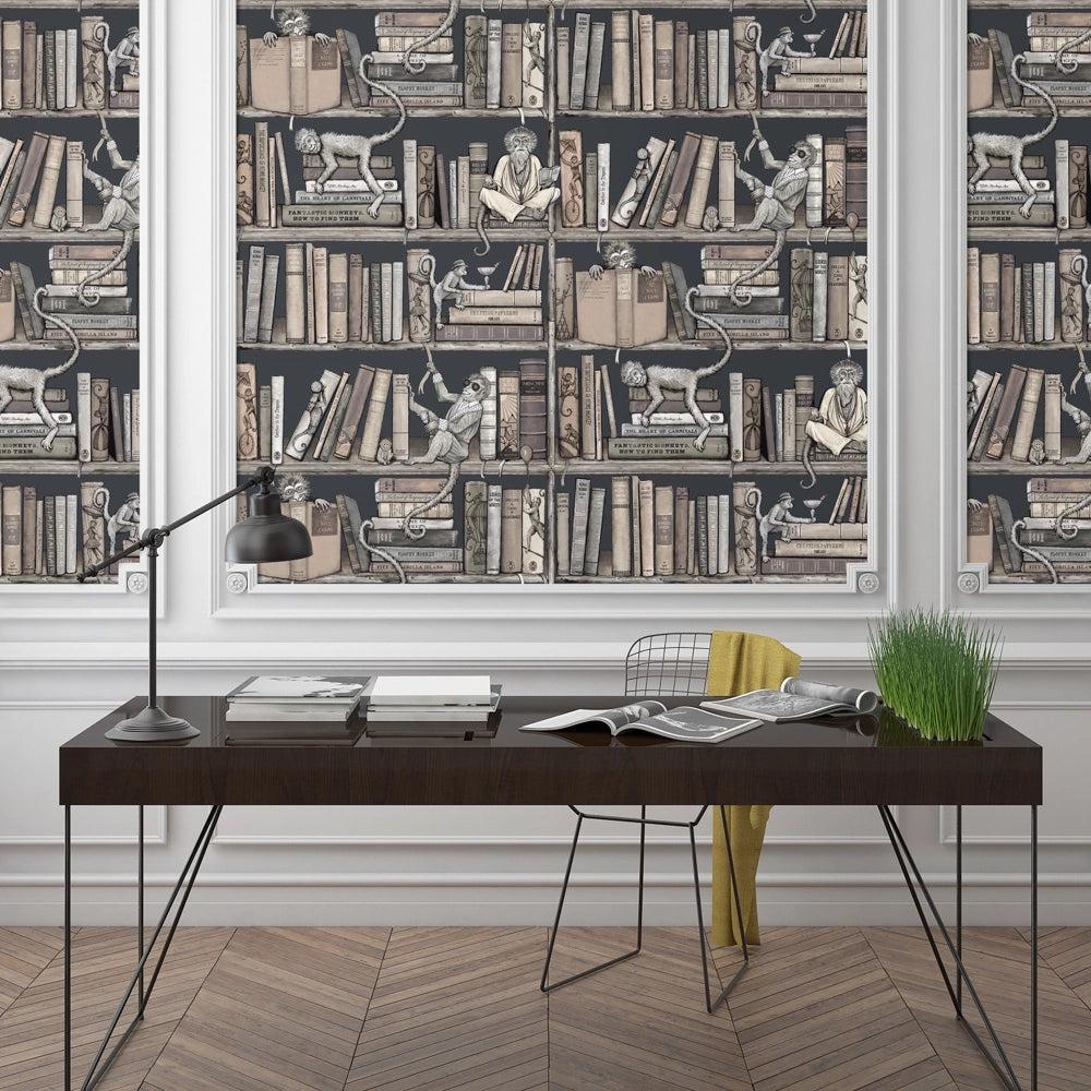 Brand McKenzie Monkey Library Taupe Wallpaper-Beaumonde