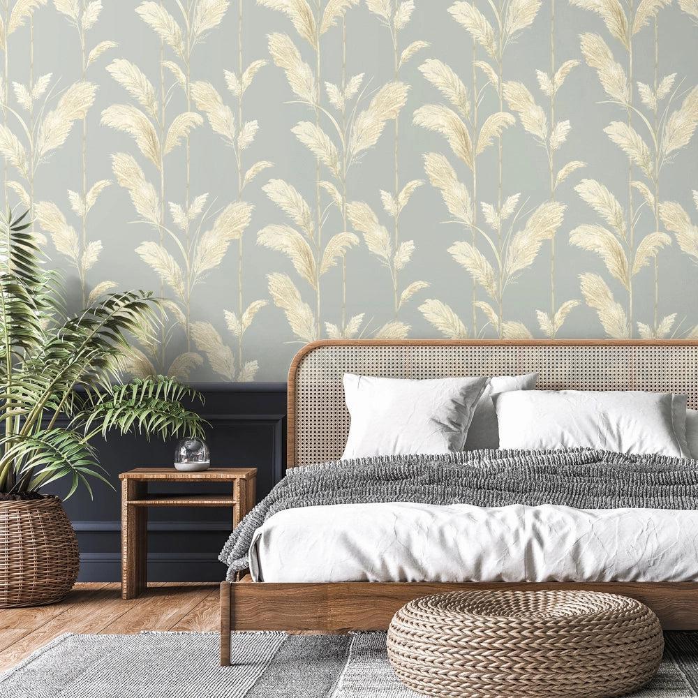 Brand McKenzie Pampas Grass Cornflower Blue Wallpaper-Beaumonde