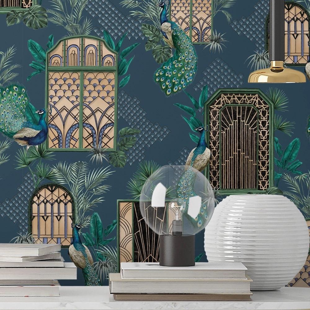 Brand McKenzie Peacock Manor Indigo Wallpaper-Beaumonde