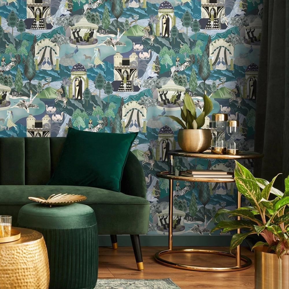 Brand McKenzie The Art Deco Hills Teal & Copper Wallpaper-Beaumonde
