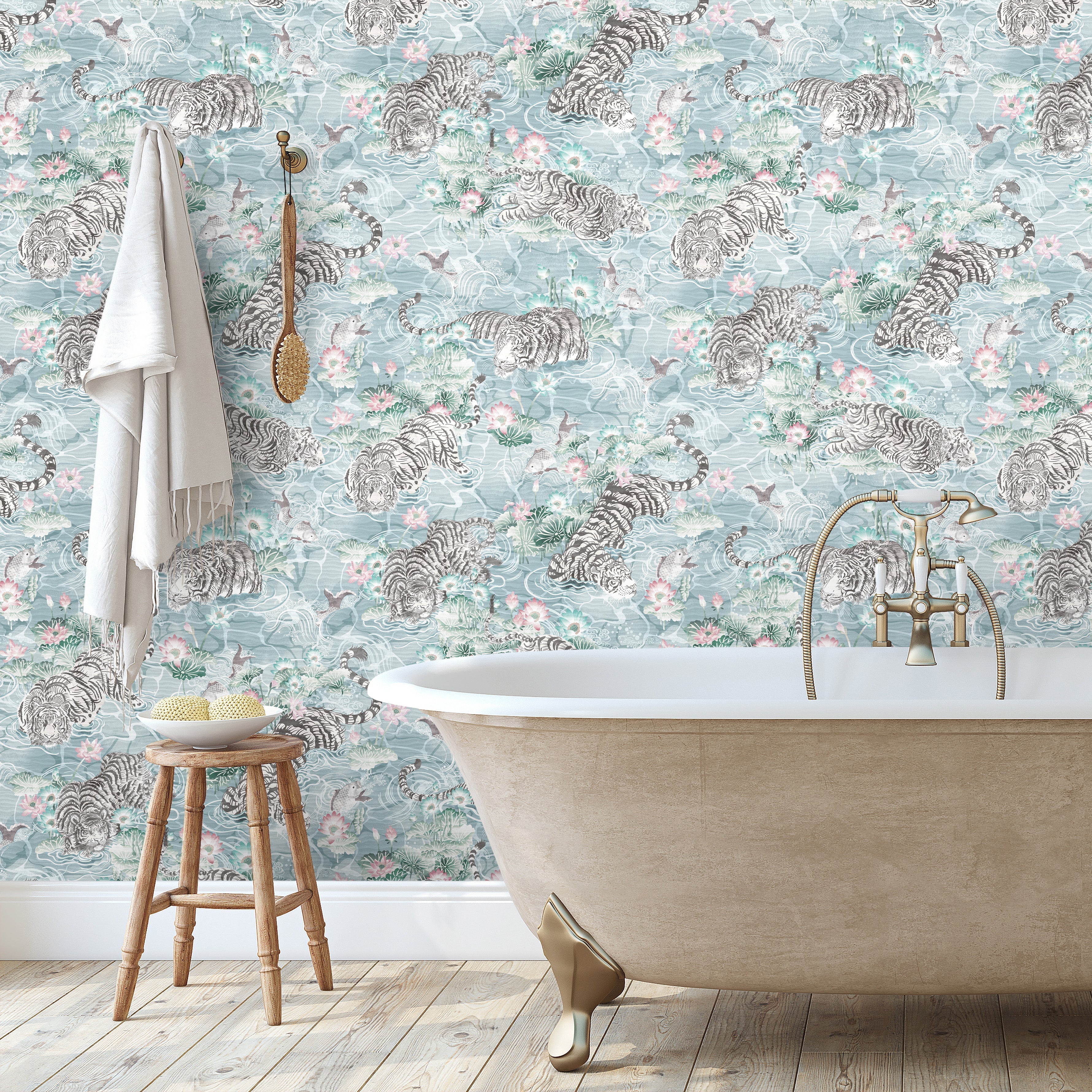 Brand McKenzie Tiger Lily Arctic Blue & Pink Wallpaper-Beaumonde