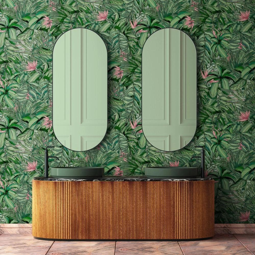Brand McKenzie Tropical Forest Dark Green & Pink Wallpaper-Beaumonde