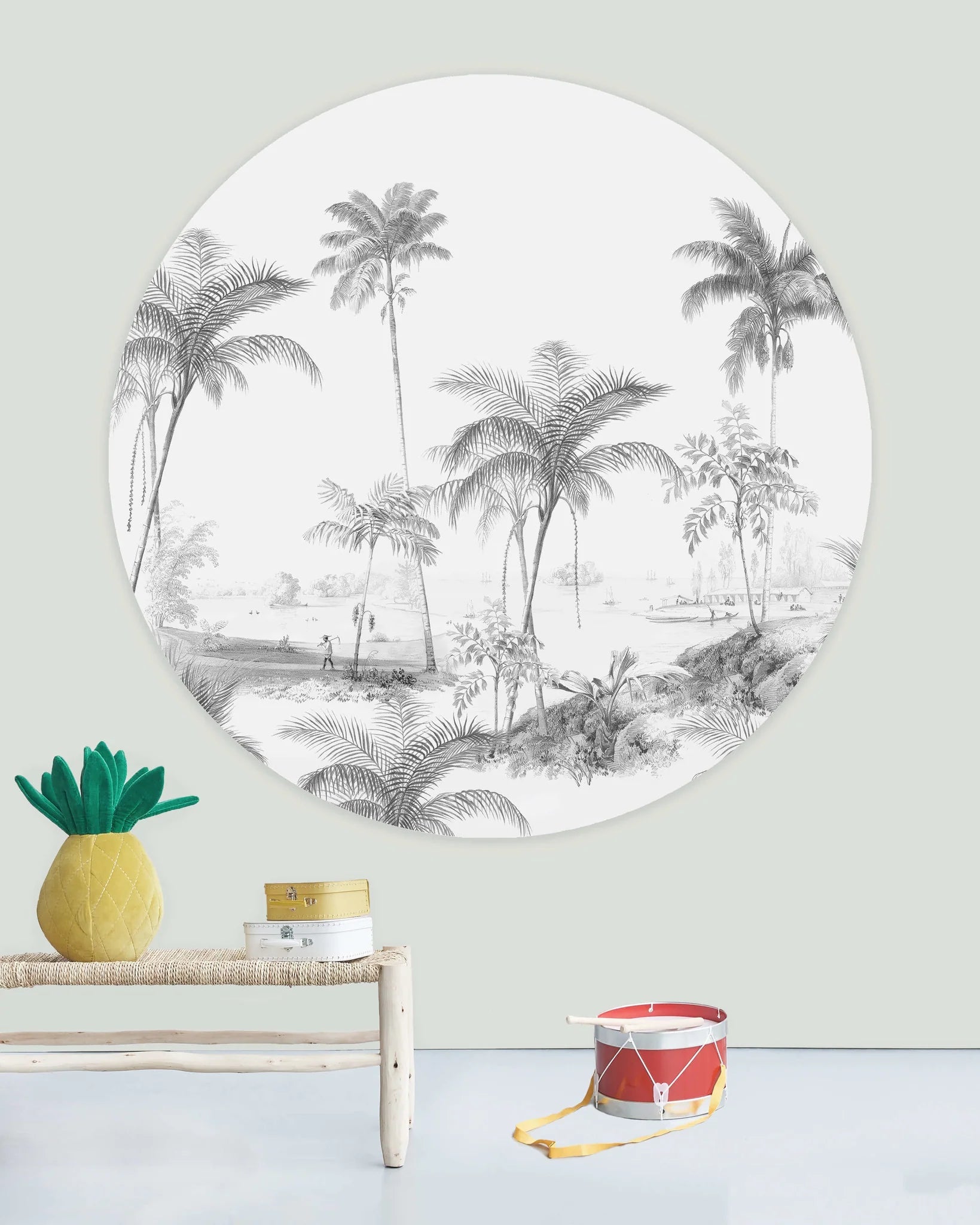 Creative Lab Amsterdam Exotic Palms Black & White Wallpaper Circle Mural-Beaumonde