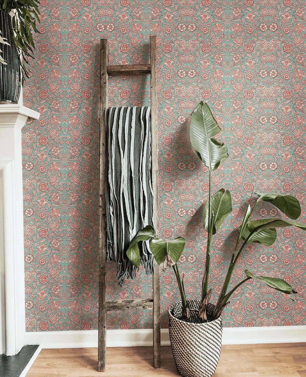 Creative Lab Amsterdam Indian Flower Turquoise Wallpaper Mural-Beaumonde