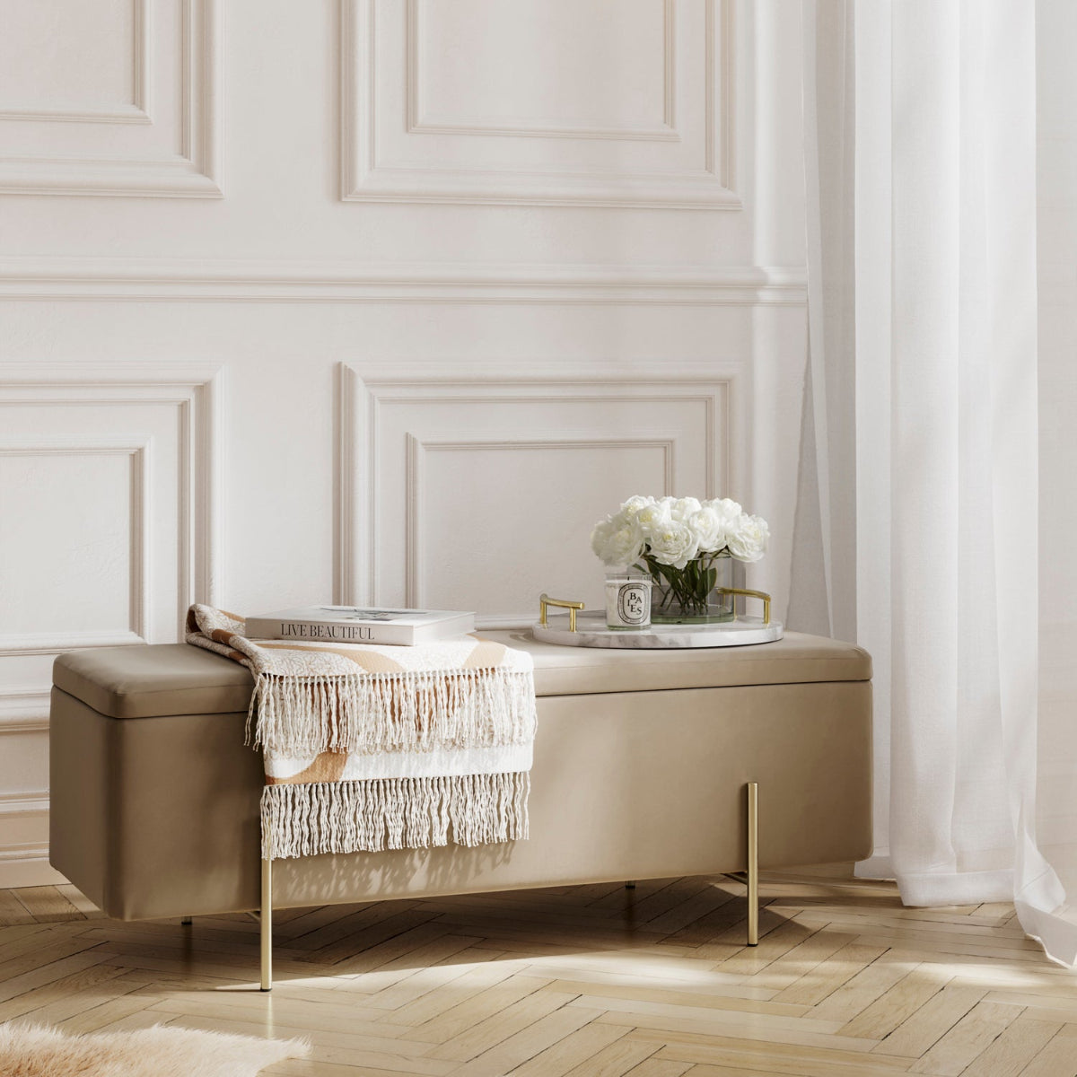 HO+ME Amur Ottoman Storage Bench In Gold And Beige Velvet  lifestyle
