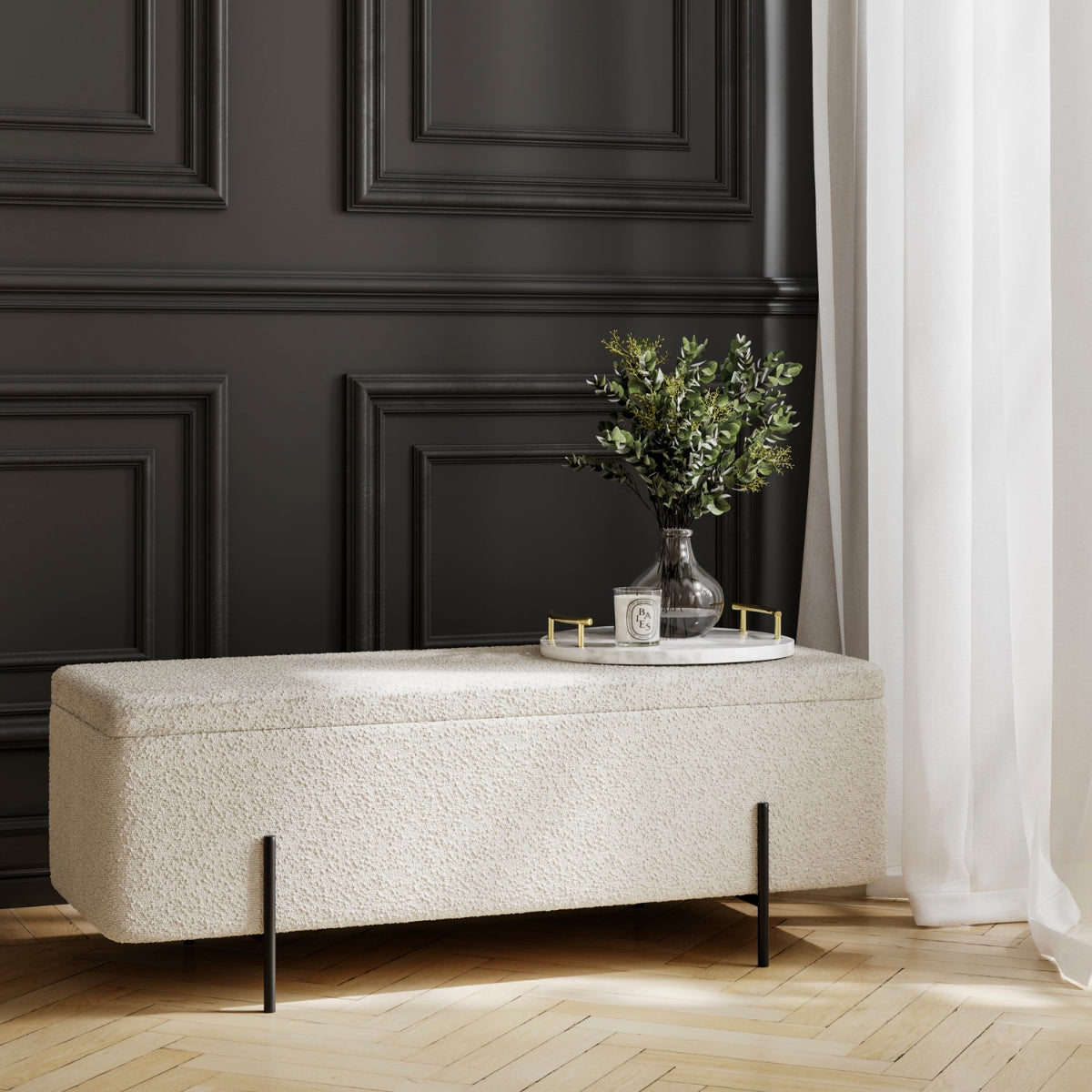 HO+ME Amur Storage Ottoman In Matte Black And Ivory Boucle lifestyle
