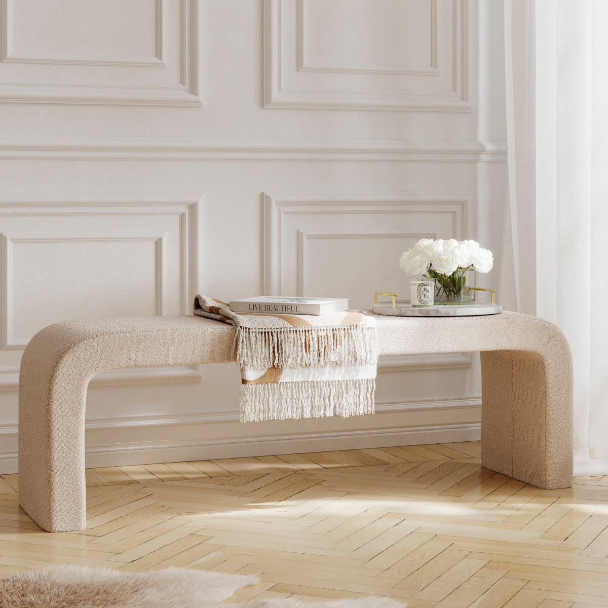 HO+ME Arcane Bench In Buff Boucle side