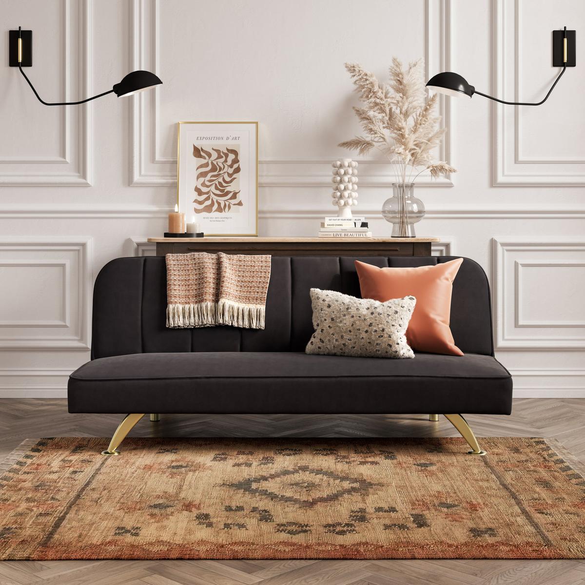 HO+ME Brunel Sofa Bed In Brushed Gold And Black Velvet-Beaumonde