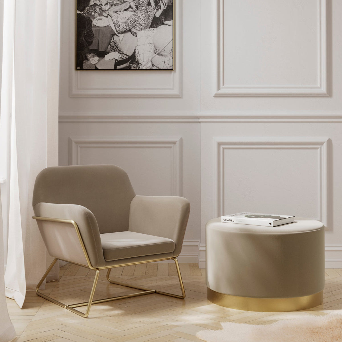HO+ME Eclipse Large Pouffe In Brushed Gold And Beige Velvet lifestyle