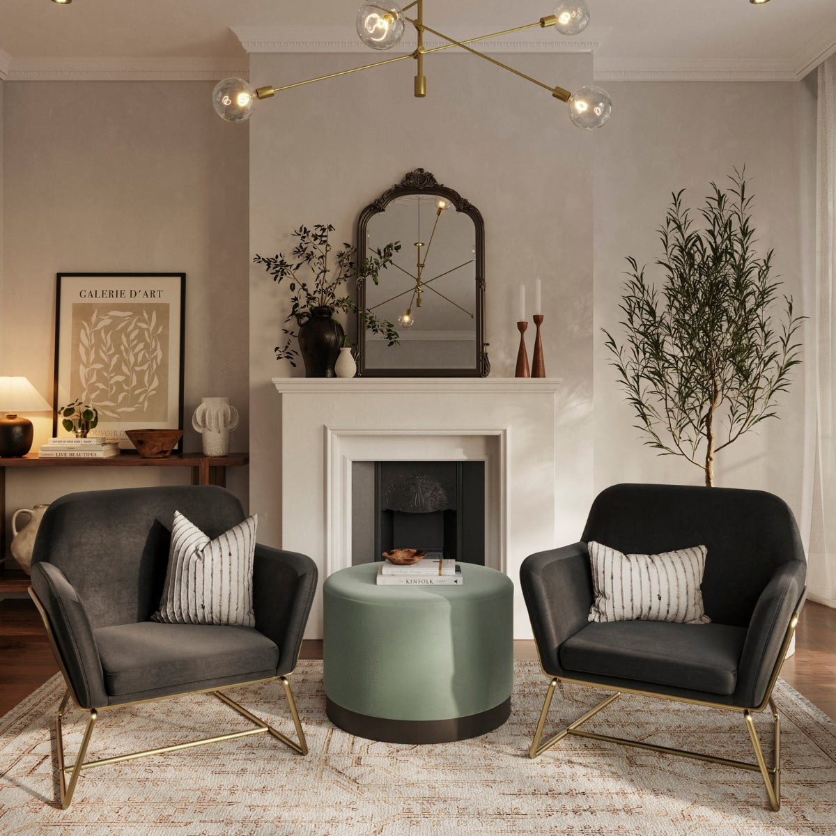 HO+ME Eclipse Large Pouffe In Matte Black And Sage Velvet lifestyle
