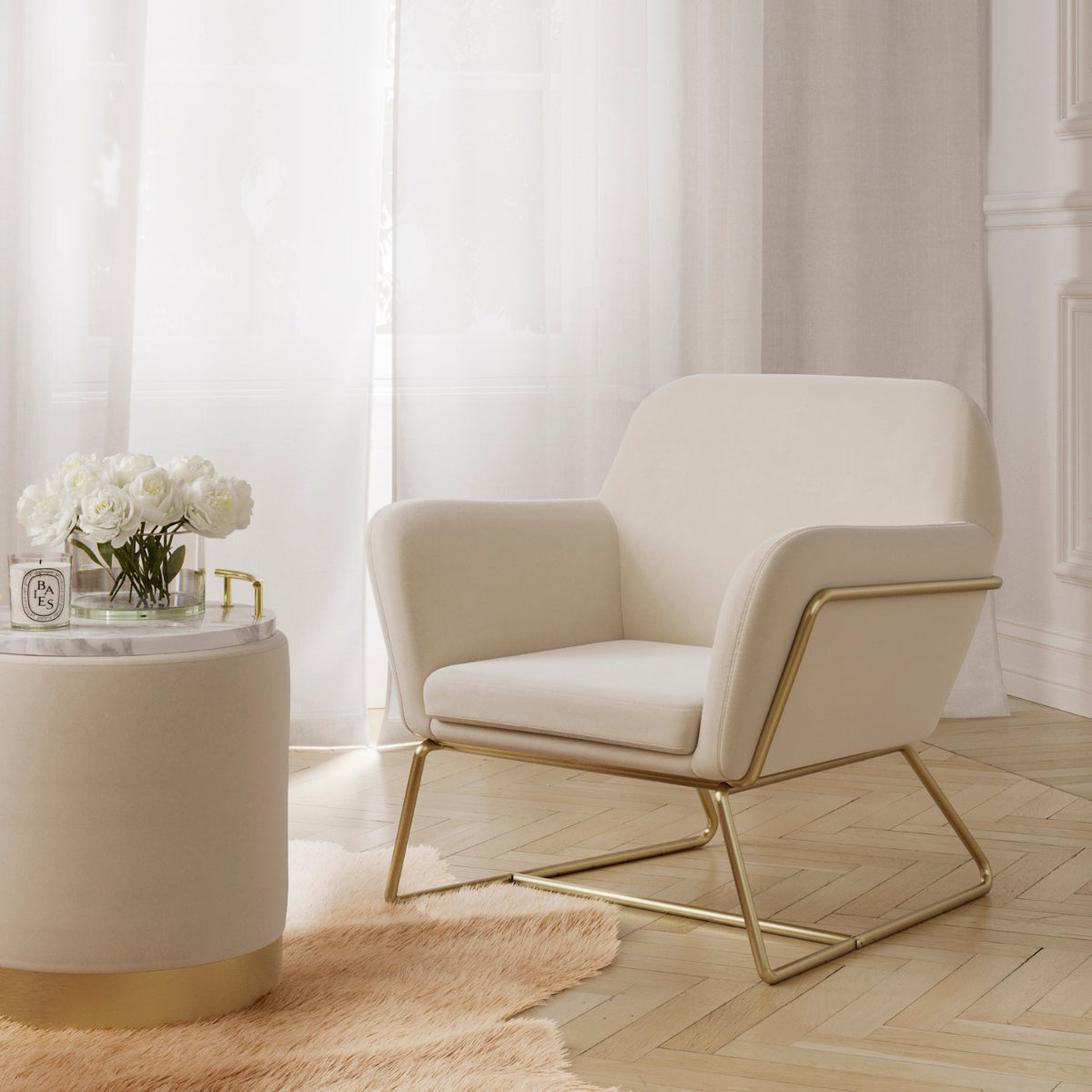 HO+ME Eclipse Small Pouffe In Brushed Gold And Cream Velvet lifestyle