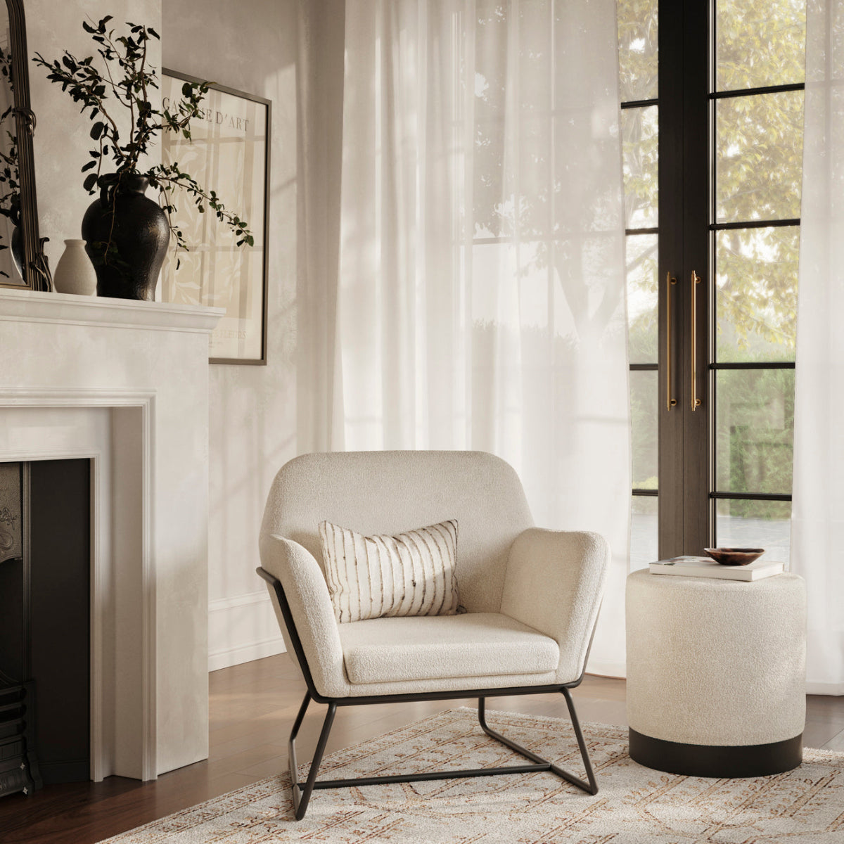 HO+ME Eclipse Small Pouffe In Matte Black And Ivory Boucle lifestyle