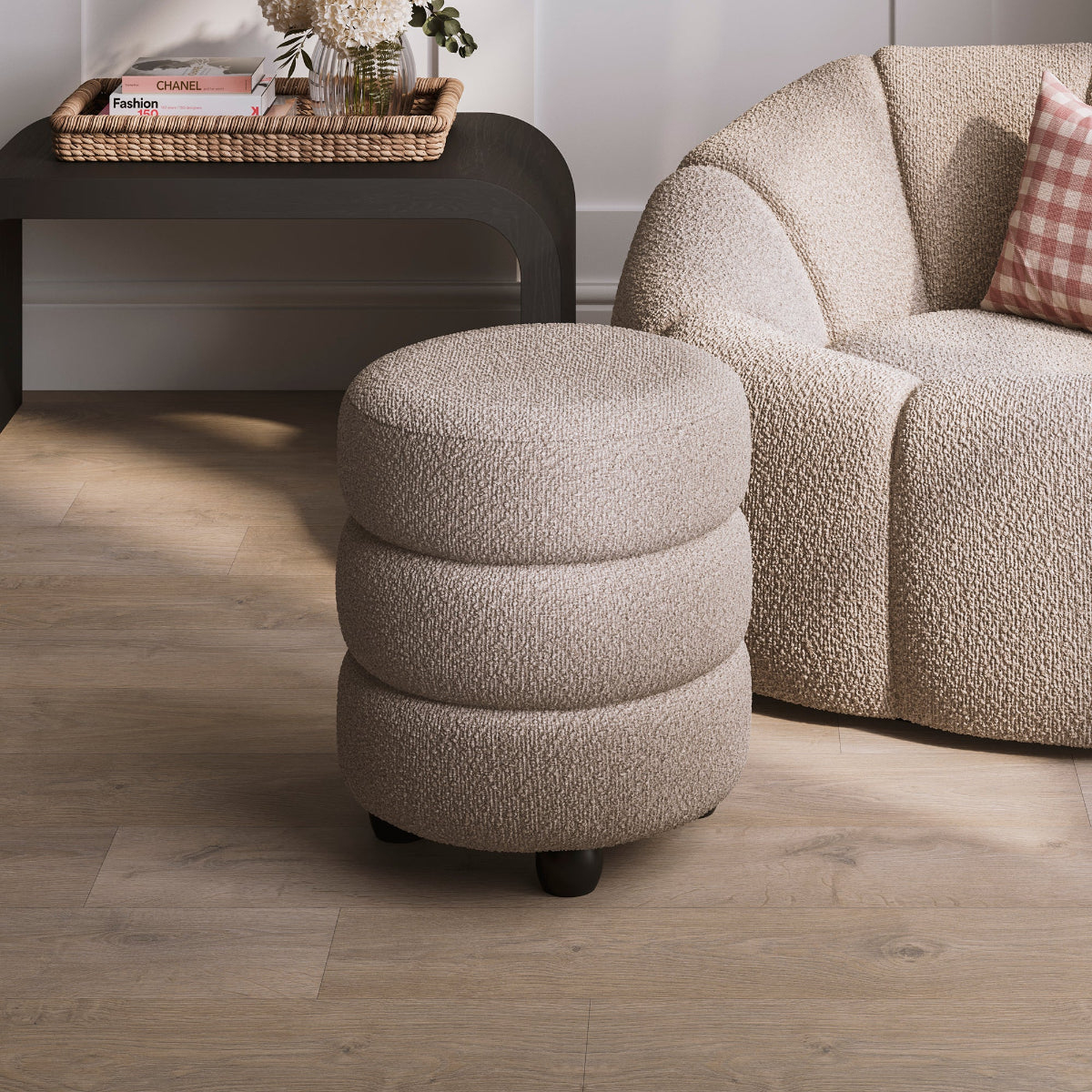 HO+ME Halo Pouffe In Black And Buff Boucle lifestyle