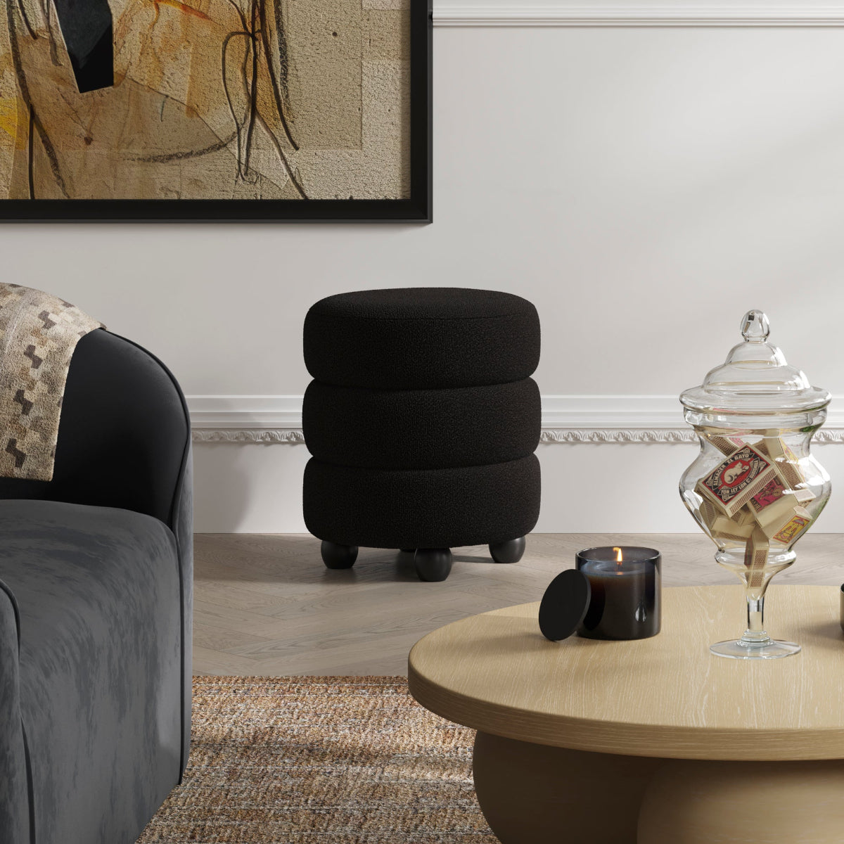 HO+ME Halo Pouffe In Black Boucle lifestyle