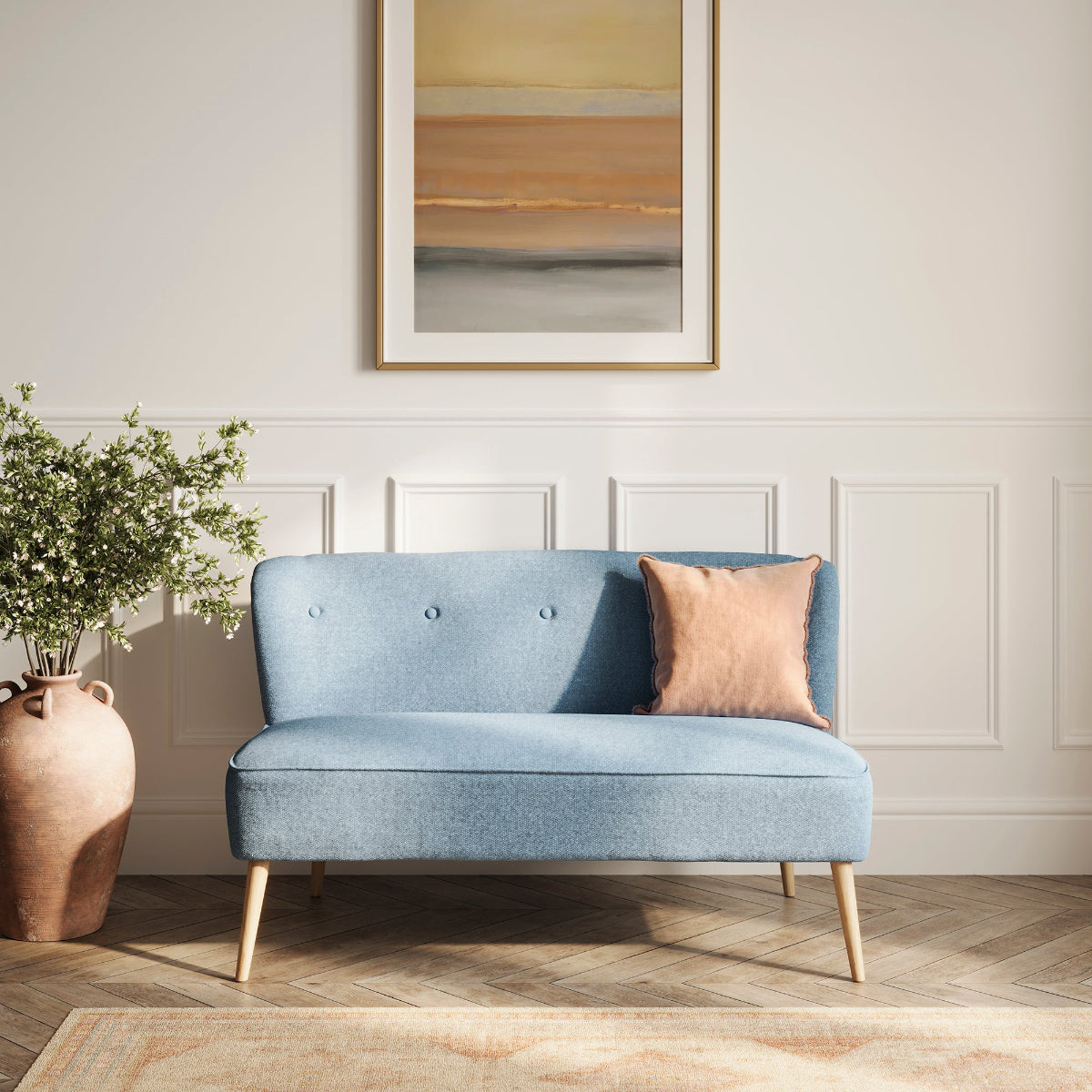 HO+ME Jasmine 2 Seater Sofa In Cornflower Blue And Smoked Wood lifestyle