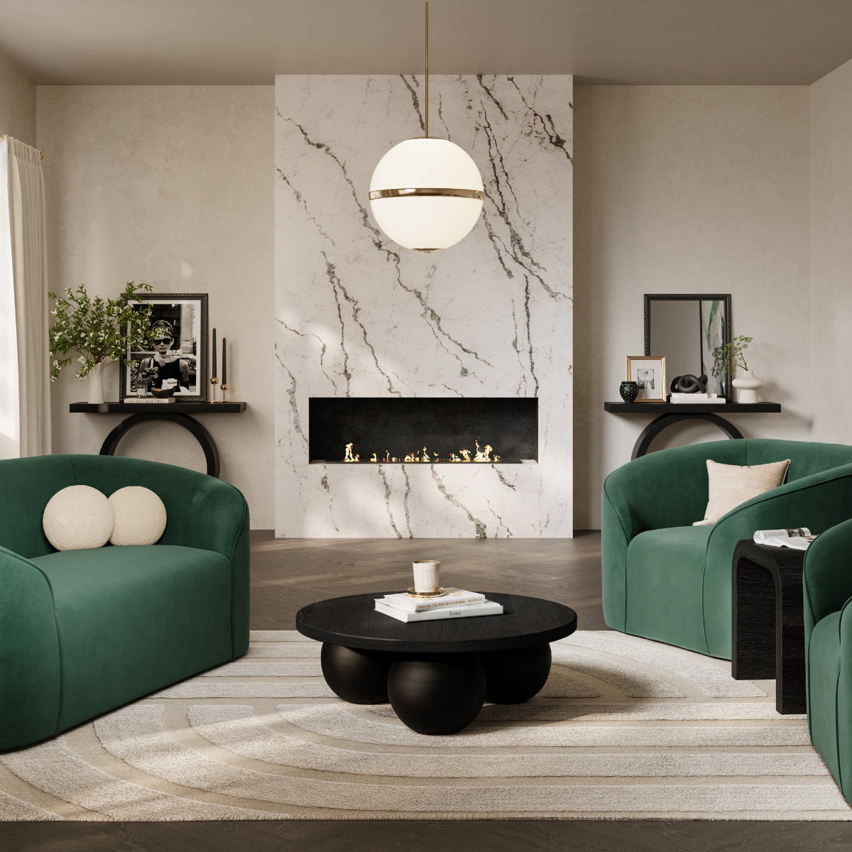 HO+ME Ruma Green Velvet Curved Sofa lifestyle