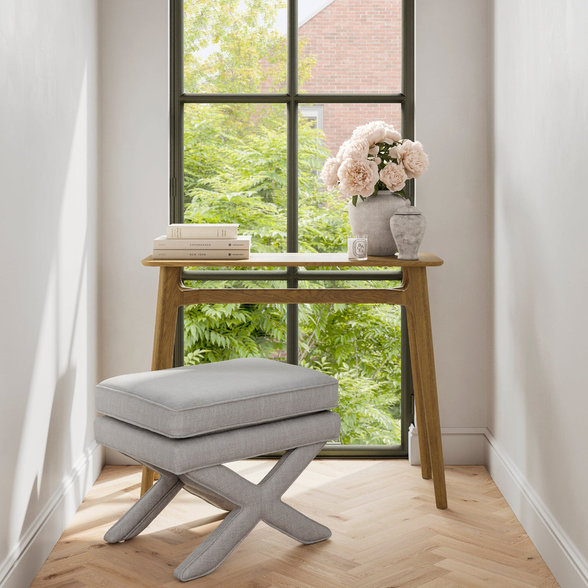 HO+ME Seabrook Stool In Light Grey Linen lifestyle