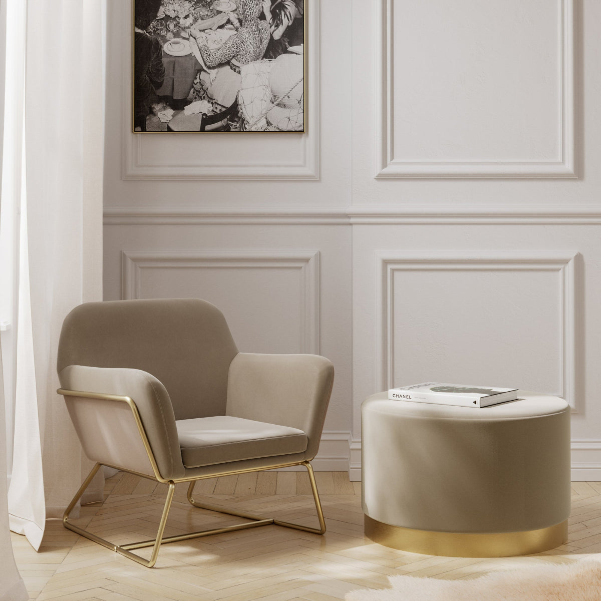 HO+ME Tobias Armchair In Beige Velvet And Brushed Gold lifestyle