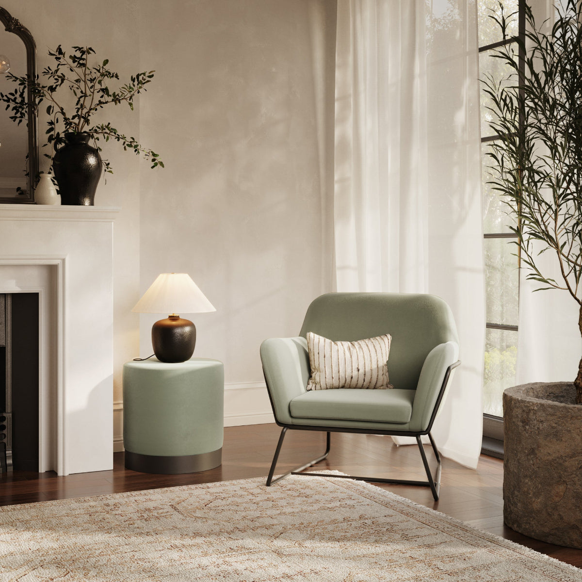 HO+ME Tobias Armchair In Sage Velvet And Matte Black lifestyle