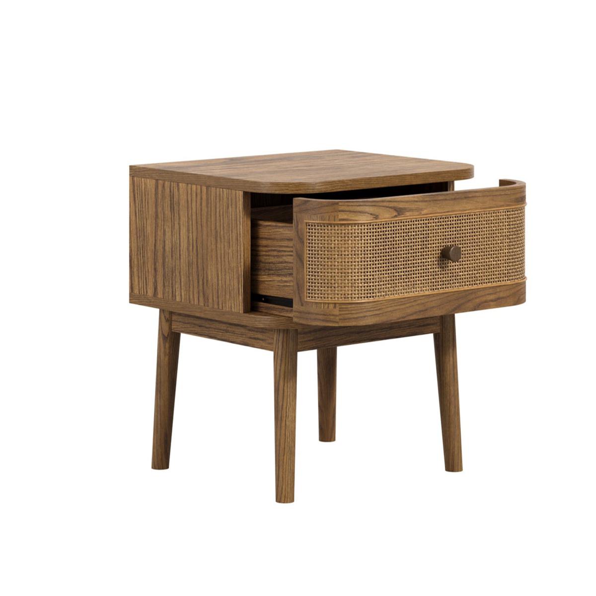 HO+ME Valentine Bedside Cabinet In Smoked Wood angle drawer open