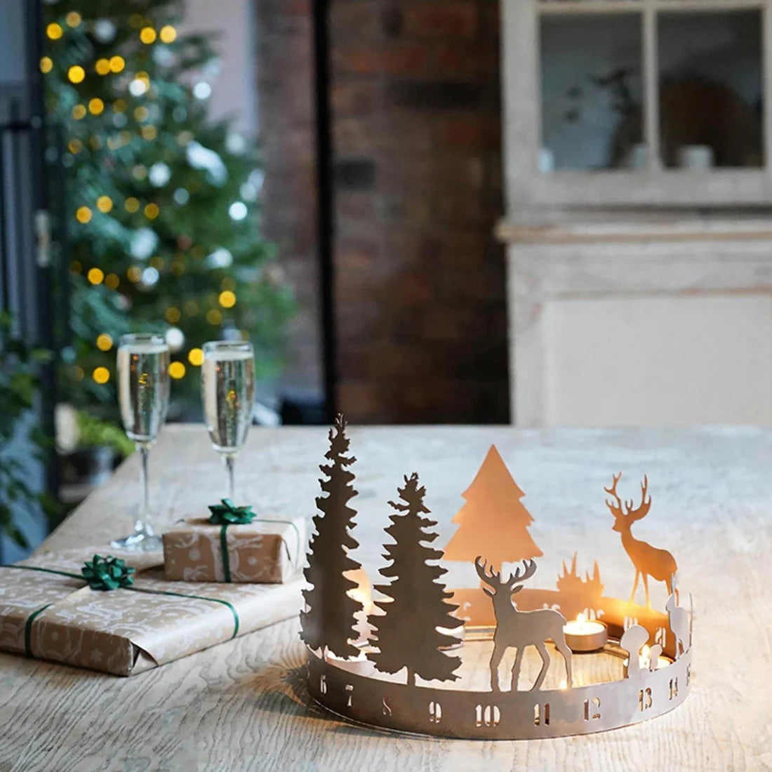 Ivyline Round Advent Forest Tealight Centrepiece Metal Copper