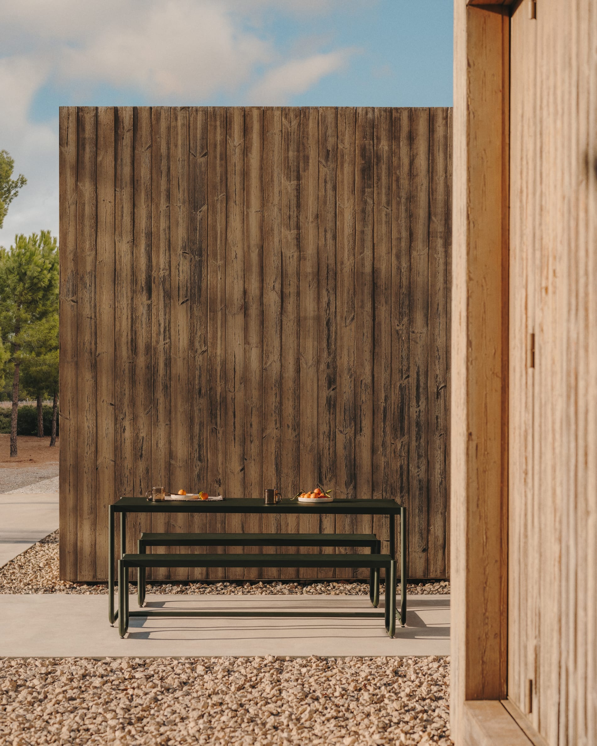 Kave Home Sotil Set of 2 Galvanised Steel Benches and Table-Beaumonde