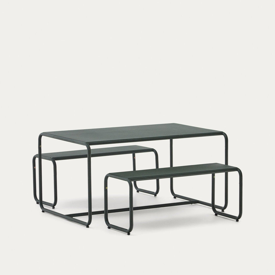 Kave Home Sotil Set of 2 Galvanised Steel Benches and Table-Beaumonde