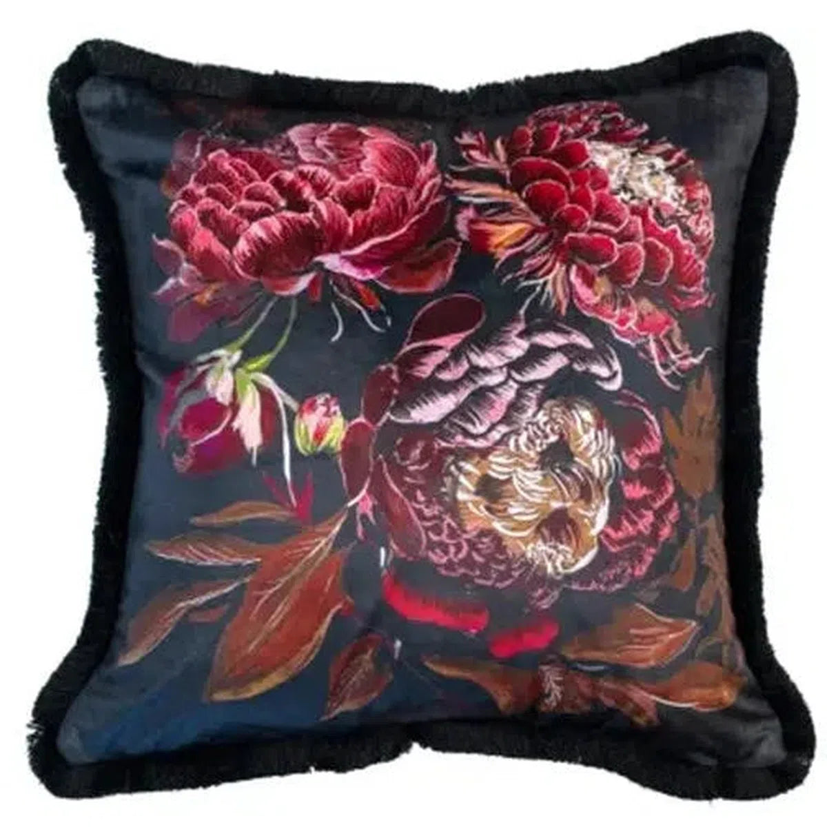Malini Radha Fringed Velvet Cushion in Red-Beaumonde