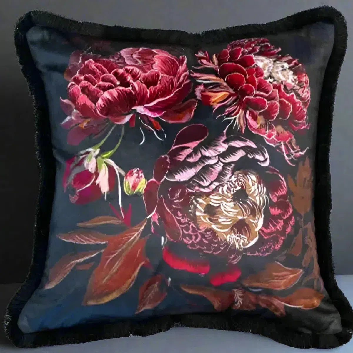 Malini Radha Fringed Velvet Cushion in Red-Beaumonde