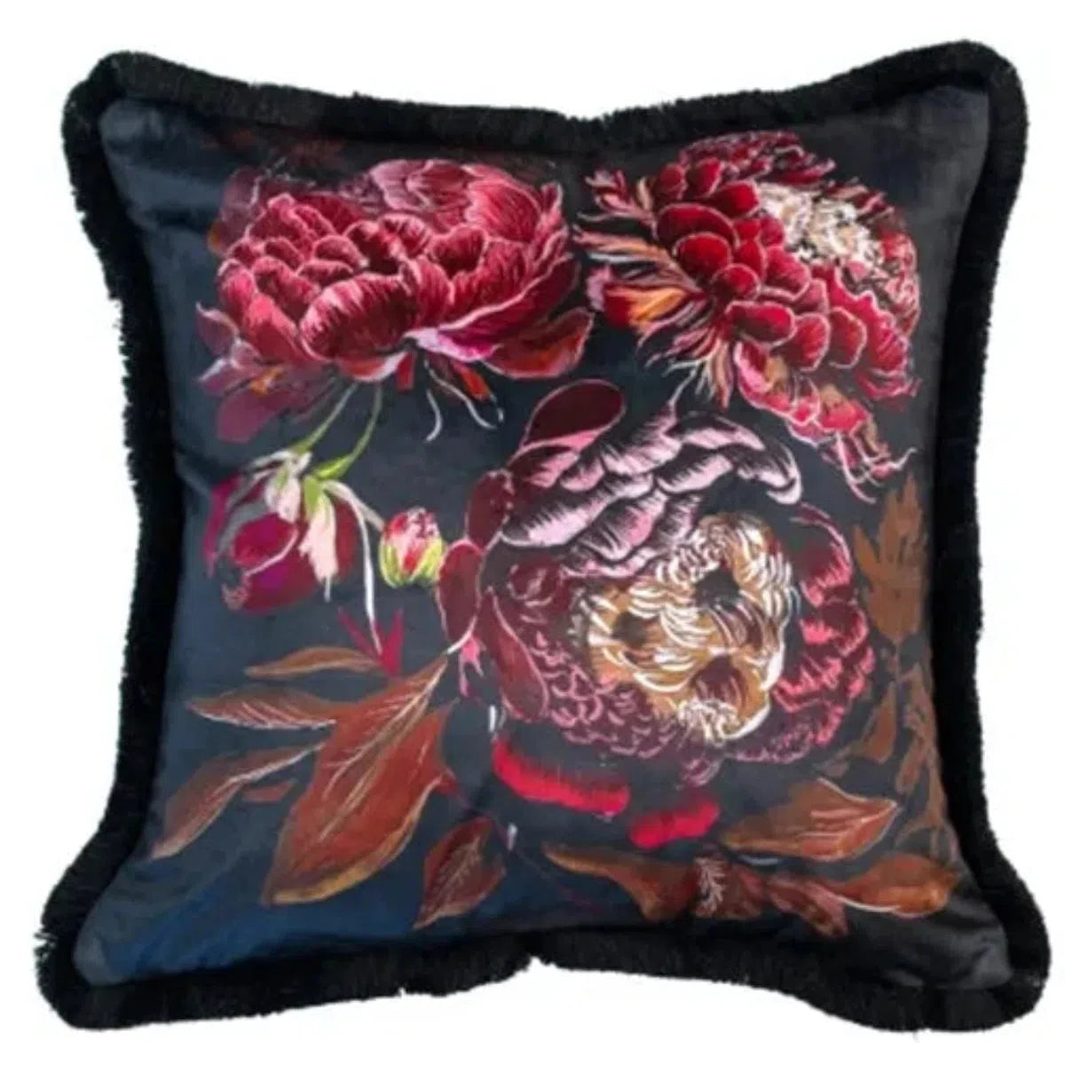Malini Radha Fringed Velvet Cushion in Red-Beaumonde