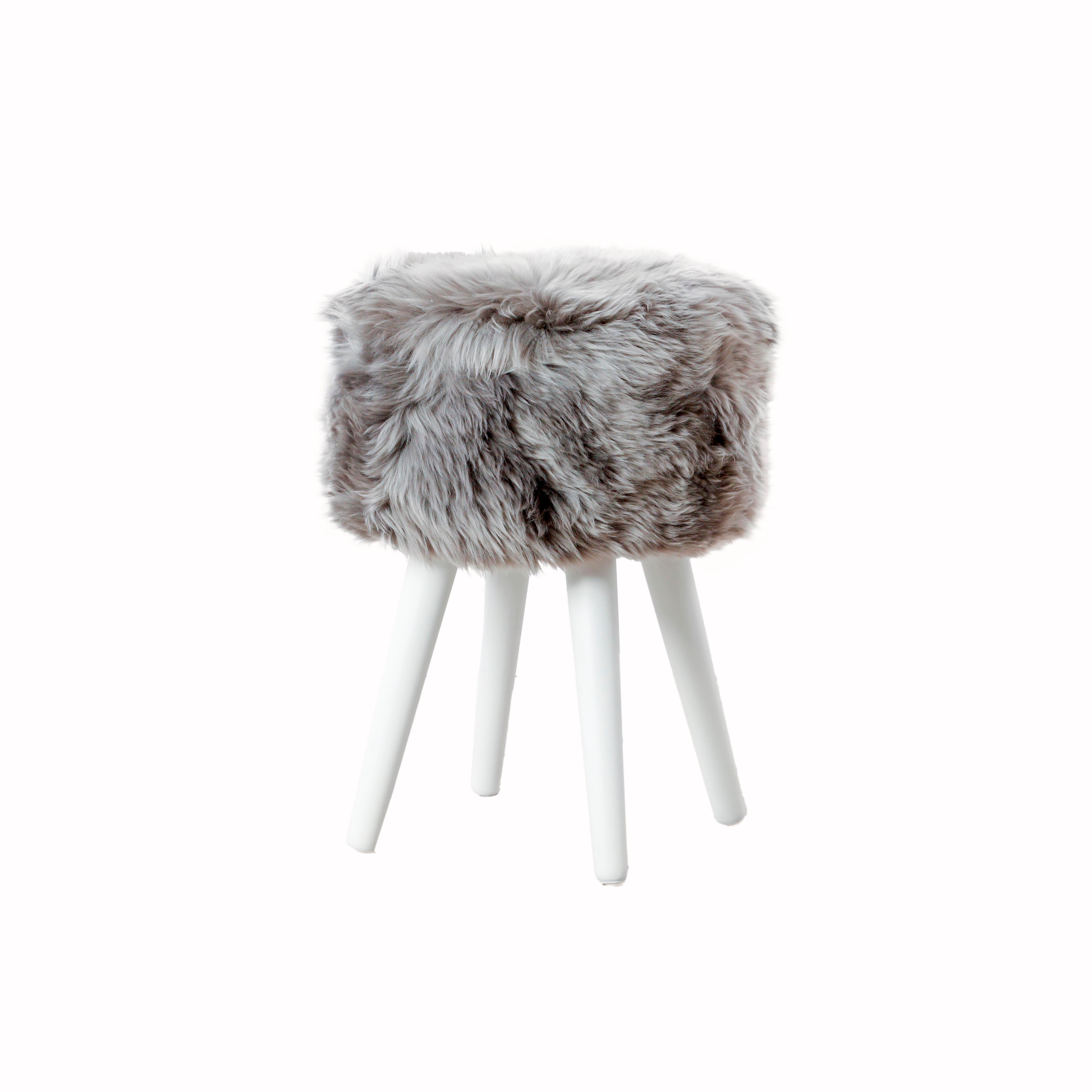 Native Home Sheepskin Wood Stool Grey/White-Beaumonde