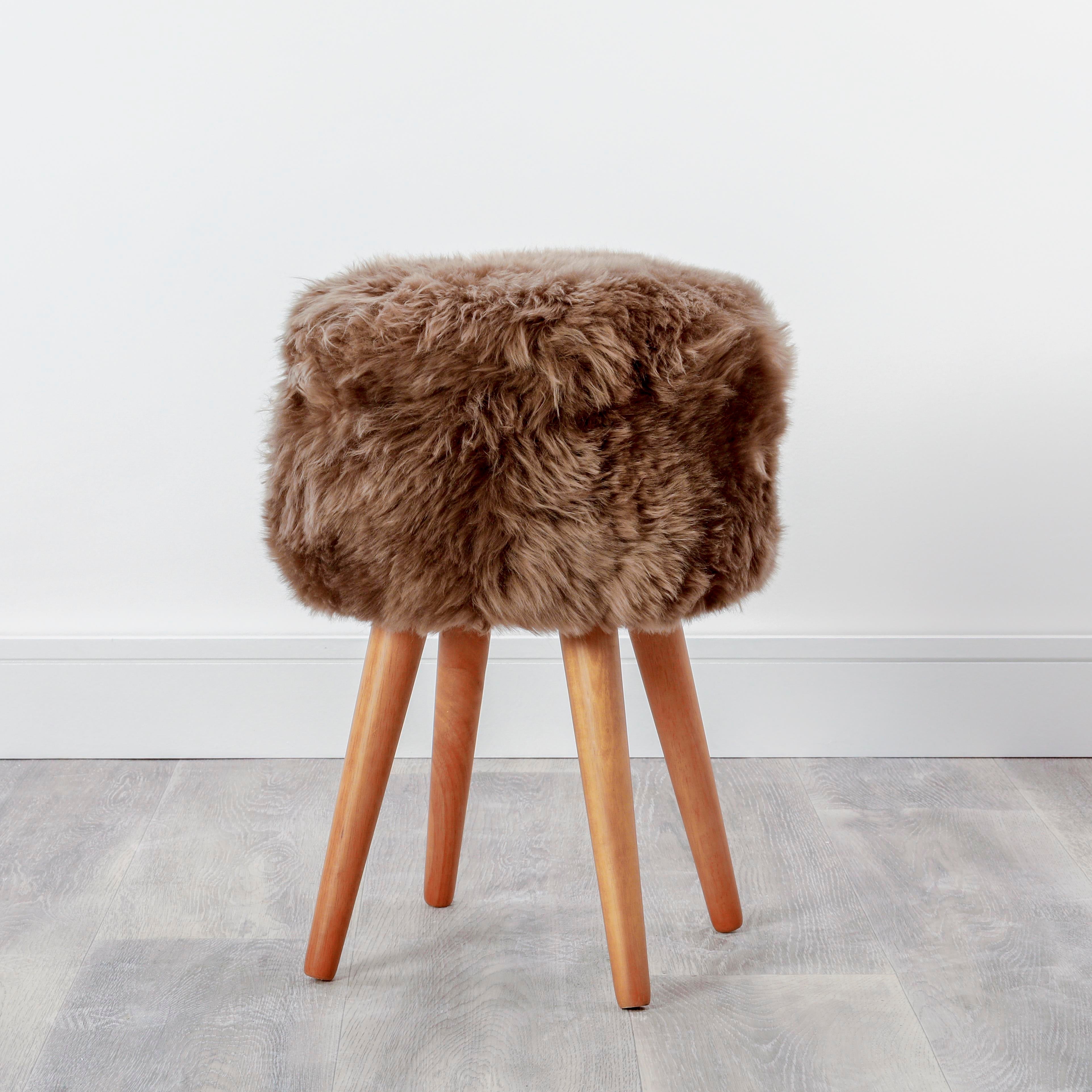 Native Home Sheepskin Wood Stool - Woodstain-Beaumonde