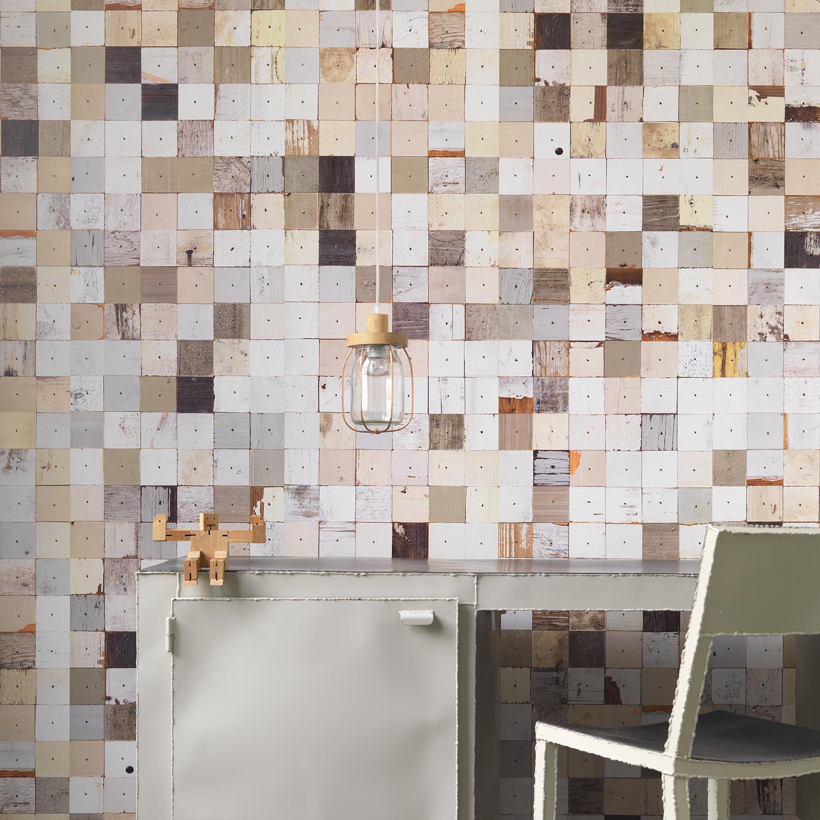 Mosaic Squares White Wallpaper-Beaumonde
