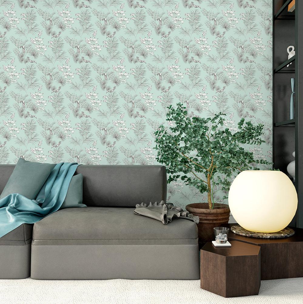 Ohpopsi Toucan Toile Wallpaper - Duck Egg-Beaumonde