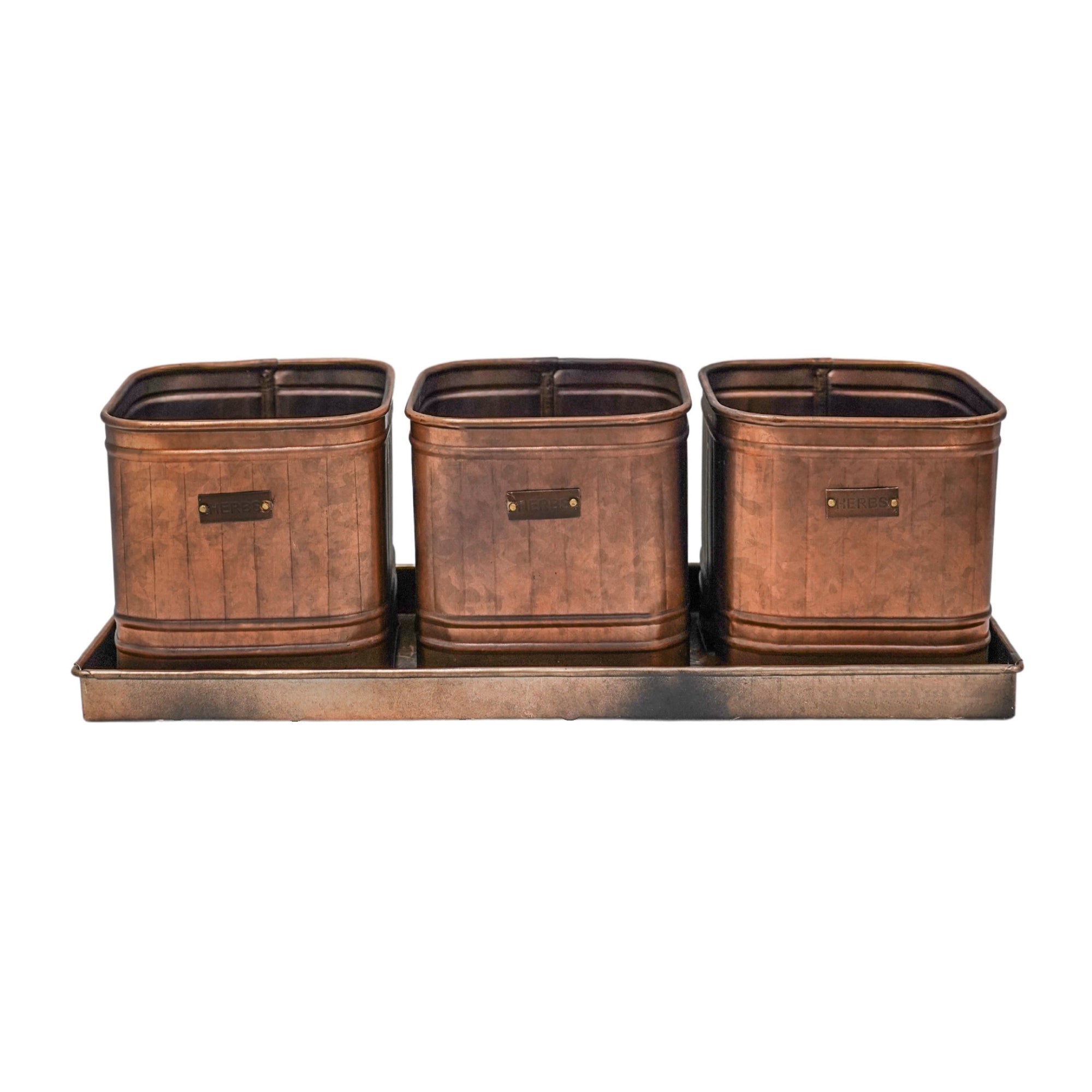 Outdoor Hampton Copper Set of 3 Herb Planters With Tray-Beaumonde