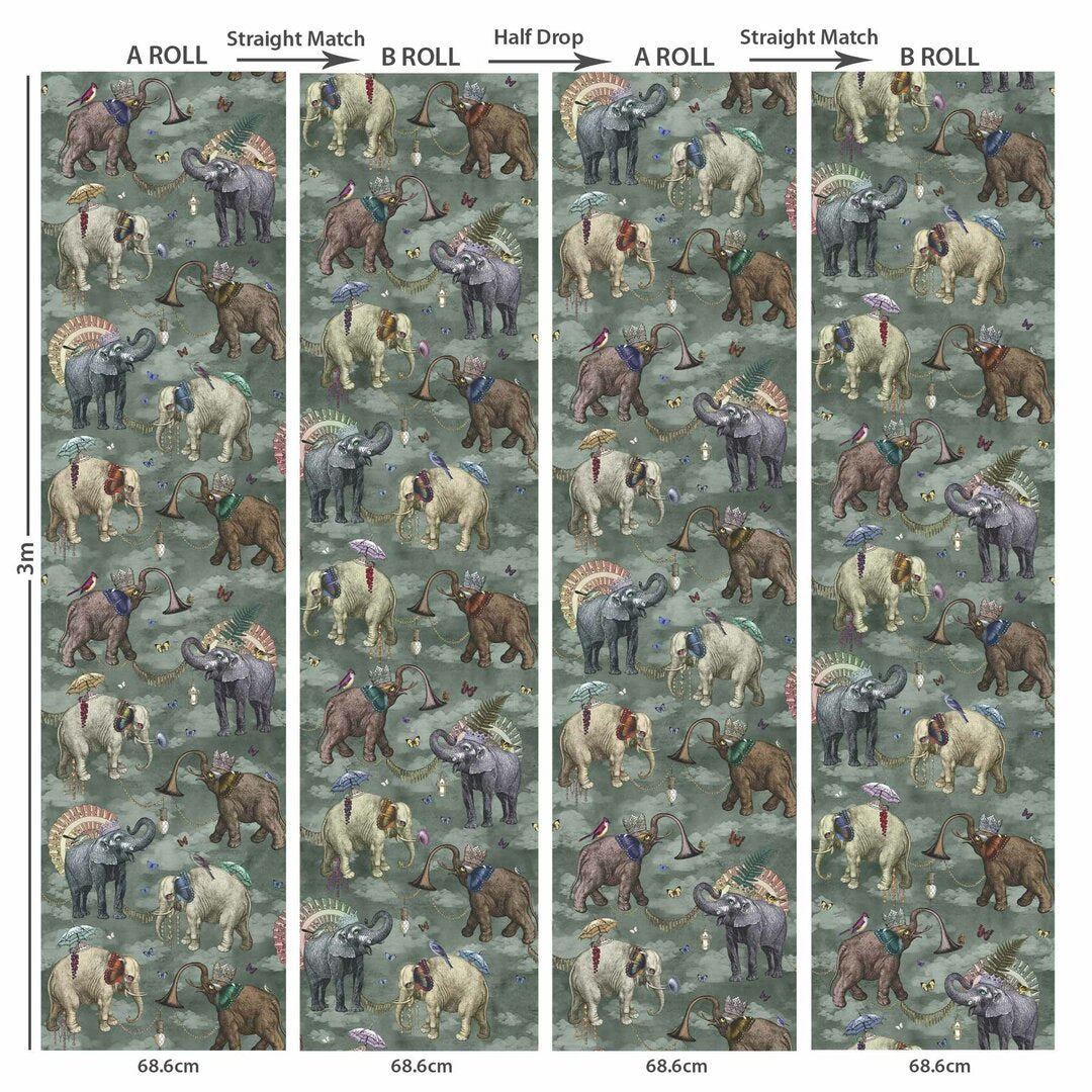 Santorus Wallpaper Mural - Elephant's March - Viridian - 2 Roll Set-Santorus-Beaumonde